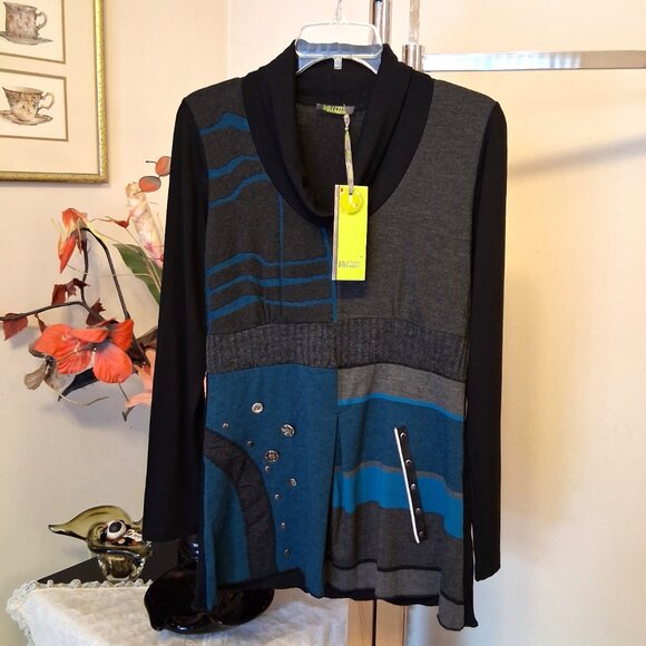 NWT Dolcezza Women's Black Gray Teal Blue Patchwork Blouse Long Sleeve Top 6 S - Picture 7 of 8